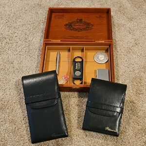 Black Leather Cigar Pouch Set with Wooden Cigar Box
